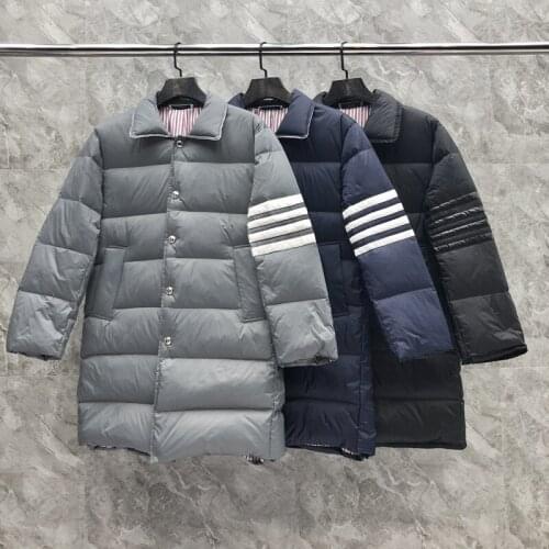 2021 Fashion TB THOM Brand Men Down Coats Slim Fit Formal Long Down Jacket Striped Solid Black Thick Casual Winter Clothing