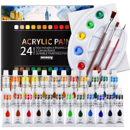 Premium Acrylic Paint 24 Colors(12ml) Acrylic Paints Set for Fabrics Painting Clothing Pigment with 3 Brushes 1 Palette 1 Canvas
