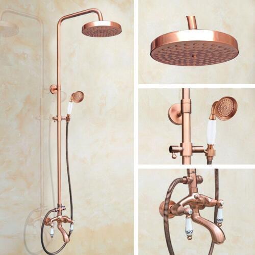 Antique Red Copper Brass Bathroom Shower Faucet Set Bathtub Shower Faucet Bath Shower Tap Rainfall Shower Head arg535