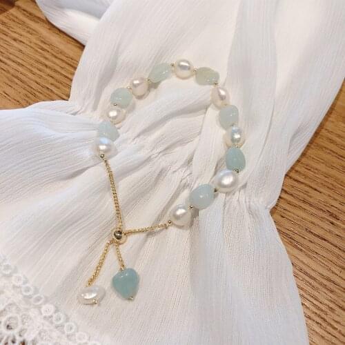 Genuine Natural Freshwater Pearl Bracelets For Women with Green Onyx Bead Adjustable Bangles Jewelry Gift