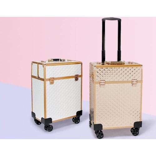 Rose Gold Trolley Cosmetic Case Large Capacity Rolling Wheels Travel Suitcase Makeup Case Beauty Trolley Beauty Tattoo Toolbox
