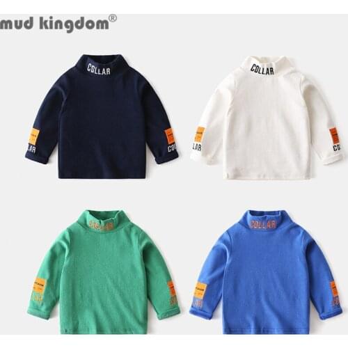 Mudkingdom High Neck Tops Little Boys Long Sleeve T-shirt Labeling Embroidery Letter Tops Children Spring Autumn Clothing