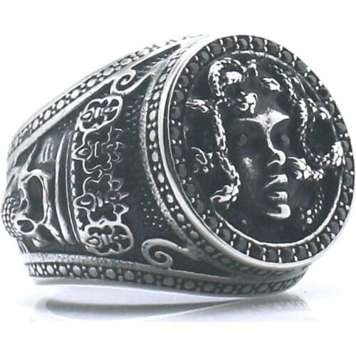 Unisex 316L Stainless Steel Medusa Black Stone King Skull Ring