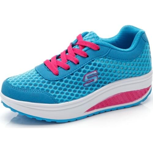 Women Toning Shoes Lace Up Mesh Breathable Ladies Soft Walking Flat Platform Sneakers Women Wedges Swing Sneakers Slimming