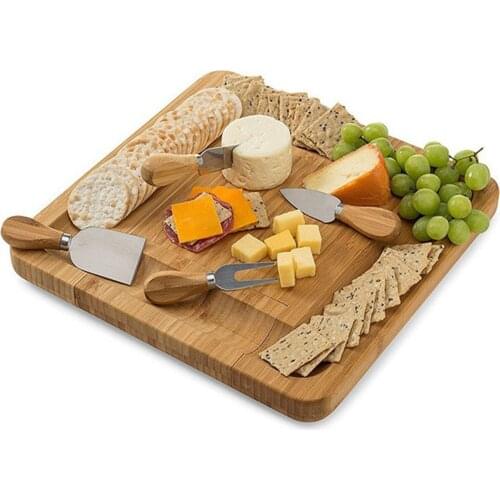 Square Bamboo Cheese Board Platter & Knife Set Slide-Out Drawer