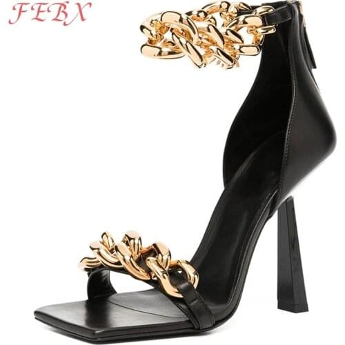 Summer Women Sandals Ankle Strap Chain Square Toe Womens Sexy Pumps Ladies Thin Heels Shoes Female Footwear Plus Size 2021