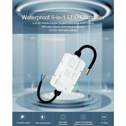 MiBoxer LS2-WP Waterproof 5-in-1 LED Controller DC12V 24V 36V Max 20a for single color /CT/RGB/RGBW/RGB+CCT led strip
