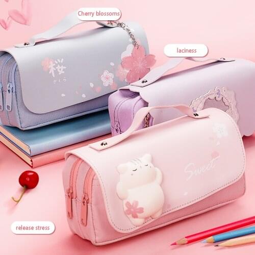 Cute Kawaii Large Capacity Decompression Pencil Case School Stationery Multifunctional Cherry Blossom Stationery Bag Girls