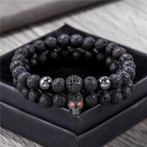 8MM Black Lava Stone Beads Mens Bracelet Set Luxury Skull Handmade Bracelet FemaleJewelry Pulsera Hombre Armband Accessories