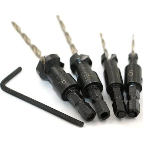 4PCS/set HSS Countersink Drill Bit Set Quick Change Hex Shank Woodworking Cone Reaming Wood Drilling Tool #6 #10 #13 #16