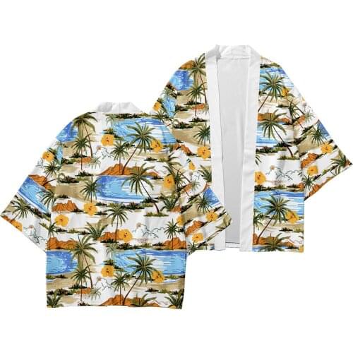 Beach Coconut Grove Printed Japanese Traditional Clothing Kimono Pants Men Yukata Asian Fashion Tang Suit Harajuku Hanfu Jacket
