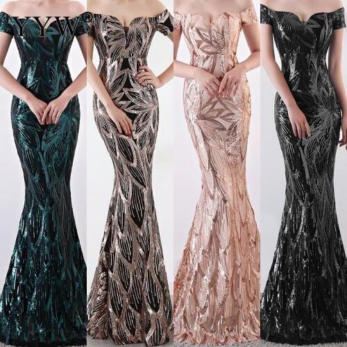 Luxury Sequined Floral Elegant Evening Dress 2020 Sexy Off Shoulder Mermaid Dress Women Vintage Backless Party Formal Long Dress