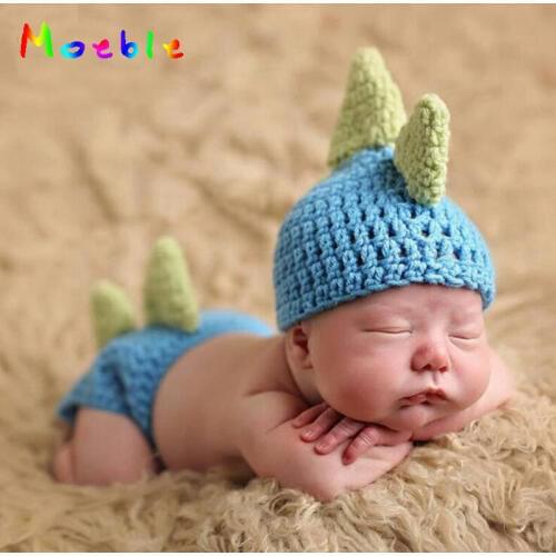 Blue Dinosaur Newborn Baby Boys Photo Props Knitted Cartoon Costume Infant Baby Crochet Hat Beanie Outfit Set Boys Clothing