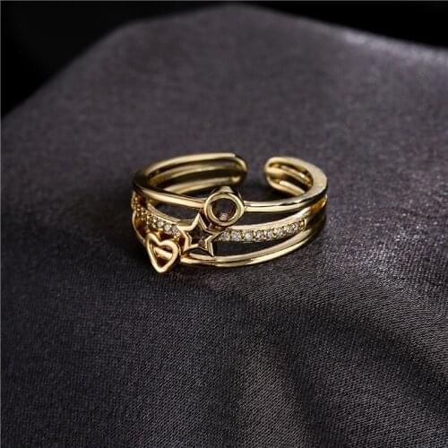 Vintage Bohemian Multilayer Heart Star Charm Wedding Ring For Women Wholesale Female Party Jewelry Gold Color Open Ring