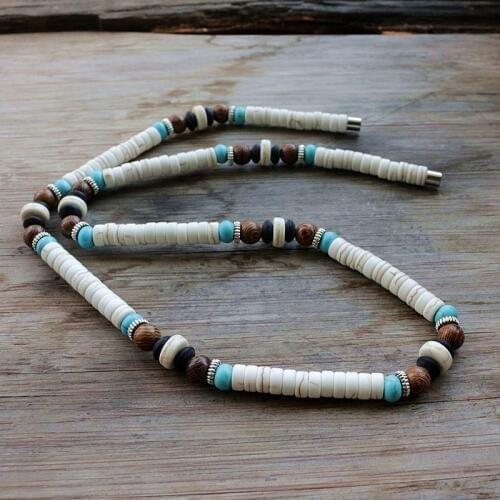 Unique Stone Bead wood Surfer Necklace Made from white, Black and Blue Beads for men tribal jewelry Dropshipping