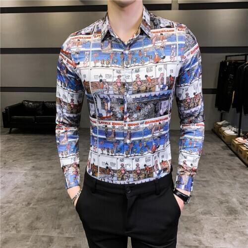 Spring Slim 2020 Fit Night Club Party Shirts Camisa Masculina Blusa Estampada Masculina Shirt Men Long Sleeve Streetwear Shirt