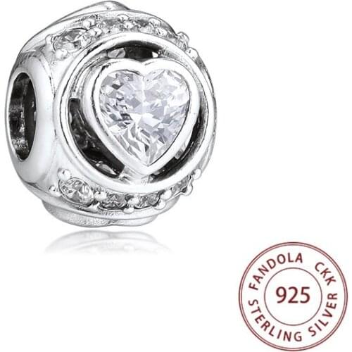 Genuine 925 Sterling Silver Elevated Heart Crystal Charms Fits Original Bracelet Women Beads for Jewelry Making kralen perles