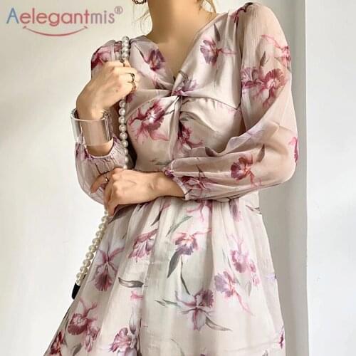 Aelegantmis Thin Ruffles Print Loose Short Playsuits Women Long Sleeve Cross High Waist Jumpsuits Summer Thin Fashion Rompers