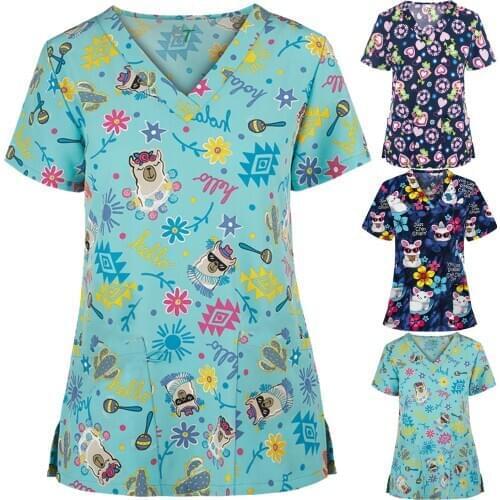 Uniforme Enfermera Nurse Overalls Women Animal Print Casual Short Sleeve V-neck Carer Tops Uniform Blouse медицинская одежда q5