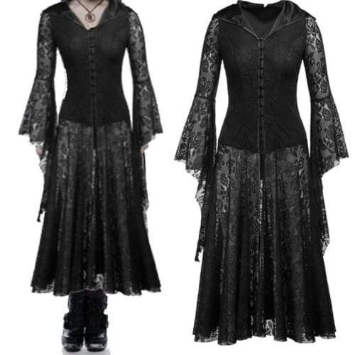 Women Medieval costume Gothic Lace Up Hooded Flare Sleeve Coat Dress Steampunk Halloween Lace Dress