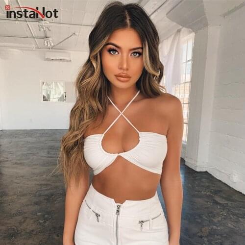 InstaHot Cut Out Sexy Halter Camis Women 2021 Cropped Top Streetwear White Bandage Backless Summer Slim Criss Cross Camisole
