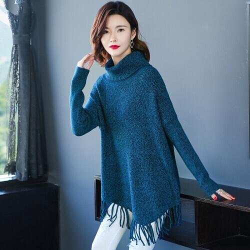 Winter Mid-Length Turtleneck Knitted Sweater Women Korean Fashion plus Size Loose Long Sleeve Tassel Pullover Ladies Tops G796