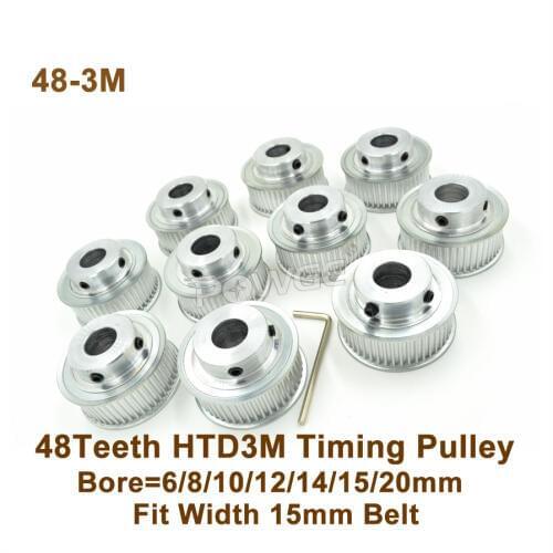 POWGE 10pcs 48 Teeth 3M Timing Pulley Bore6/8/10/12/14/15/20mm Fit W=15mm 3M Synchronous Belt 48T 48Teeth HTD3M Pulley