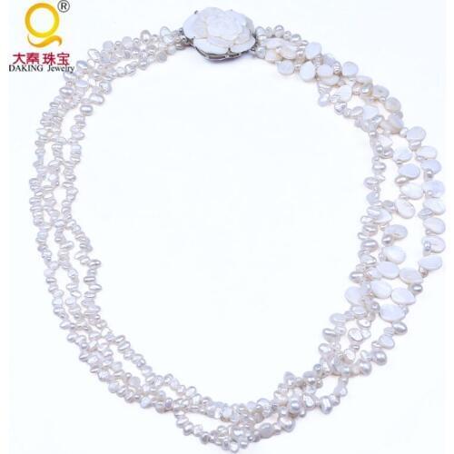 2016 Charming baroque cultured pearl with nice flower shape shell clasp necklace 3 layer white pearl shell bead necklace