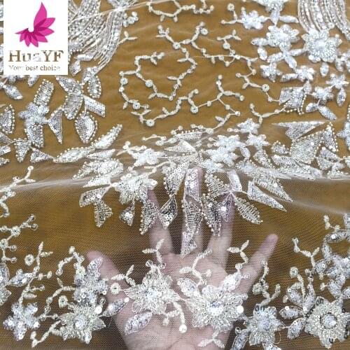 2021 French White Tulle Embroidery Lace With Beads And Sequins For Shinning Wedding Dress HY1417