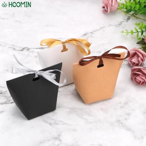 50 Pcs Blank Kraft Paper Bag White Black Candy Bag Birthday Party Decoration Bags With Ribbon Wedding Favors Gift Box Package