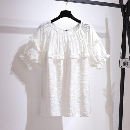 100% Cotton Plus Size Solid White Ruffles Blouse Women Short Sleeve Casual Loose Ladies Office Work Tops Pullover Shirts