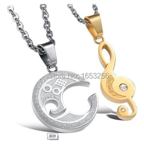 One Pair Gold Stainless Steel Couple Matching Music Note "I Love You" Pendant Necklace Chain