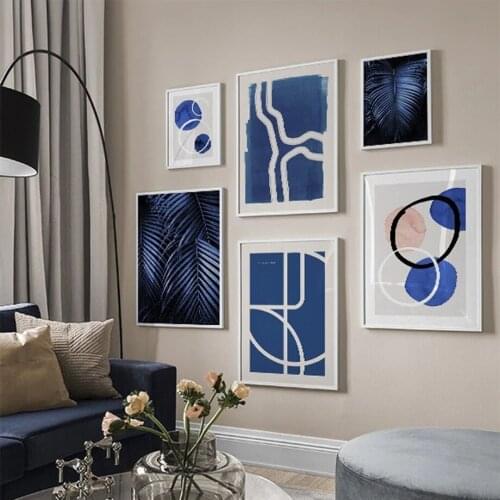 Blue abstract wall art print canvas painting geometric line palm leaf plant nordic poster wall picture living room decoration