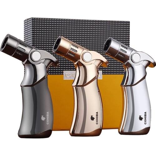COHIBA Metal Cigar Cigarette Tobacco Lighter 4 Torch Jet Flame Refillable With Punch Smoking Tool Accessories Portable Gift Box