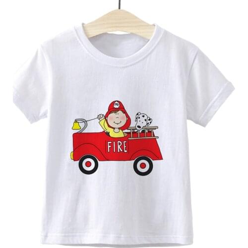 Cute Firemen Boys T-shirt Animation Cartoon Clothes Children Shirt Summer Holiday Casual Tops Unisex Kids Camiseta Streetwear