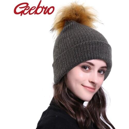 Geebro 2019 Soft Knitted Fashion Multi-color Faux fur Pompom Hat Winter Women Hat beanie for women Warm Female Fur Cap