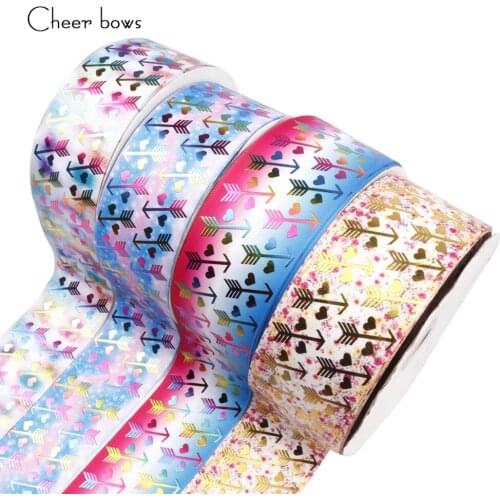Cheer bow 75mm Grosgrain Ribbon Gold Shiny Heart Printed Ribbon Wedding Party Decoration Gifts Packing DIY Hair bows Materials