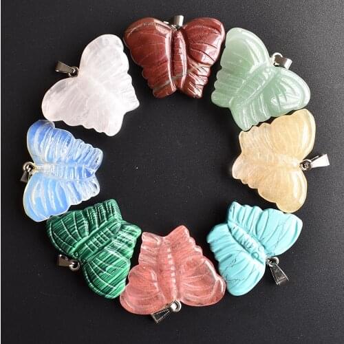 Fashion hot sell mixed natural stone pendulums carving butterfly charm pendants fit Necklace jewelry making 8pcs/lot wholesale