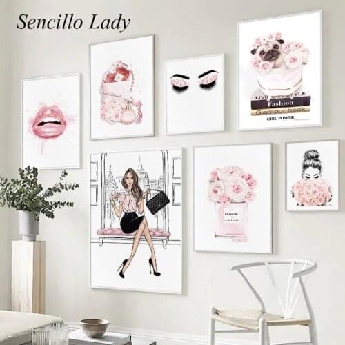 Pink Fashion Poster Floral Perfume Eyelashes Vogue Book Print Makeup Art Canvas Painting Wall Picture Salon Girl Room Decoration