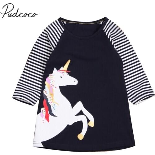 2018 Brand New Princess Cartoon Toddler Infant Kids Baby Girl Dress Unicorn Striped Dress Party Casual Long Sleeve Dresses 6M-6T