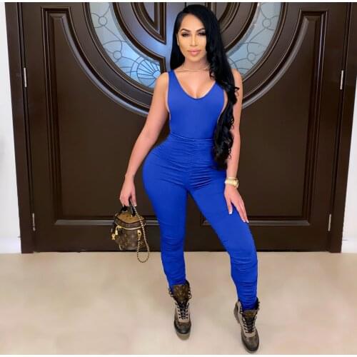 Casual Women Jumpsuit Backless Sleeveless Pleated Bodycon Solid Color Party Night Long Rompers Womens Jumpsuit