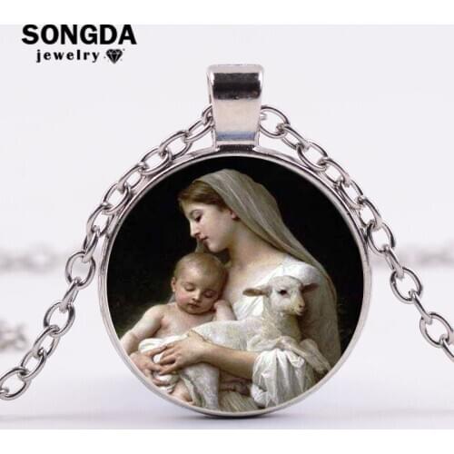 Retro Virgin Mary Jesus Necklace Mother of Baby Portrait Glass Cabochon Silver Color Long Chain Pendant Catholic Jewelry