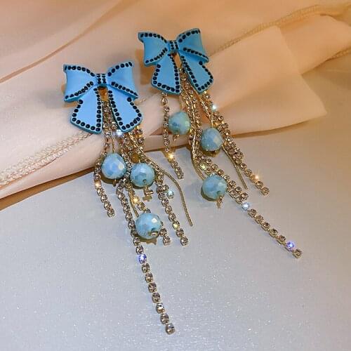 Fashion New Korean Sweet Pink Bowknot Long Drop Earrings for Women Holiday Party Jewelry Tassel Earings