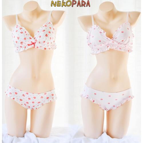 Strawberry & Flowers Cute Japanese Bra & Panties Set Wirefree Soft Underwear Sleep Intimates Set Kawaii Lolita Sweet Girl