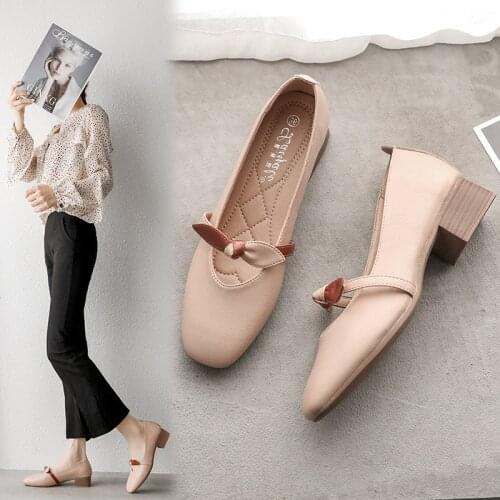 Pu Bow-knot mary janes shoes for women square toe slip on flats casual ladies grandma shoes korean thick wood heels loafers 2020