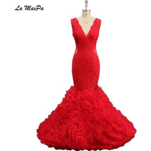 Gorgeous Ruffled Skirt Red Lace Backless Mermaid Prom Dress CMT23