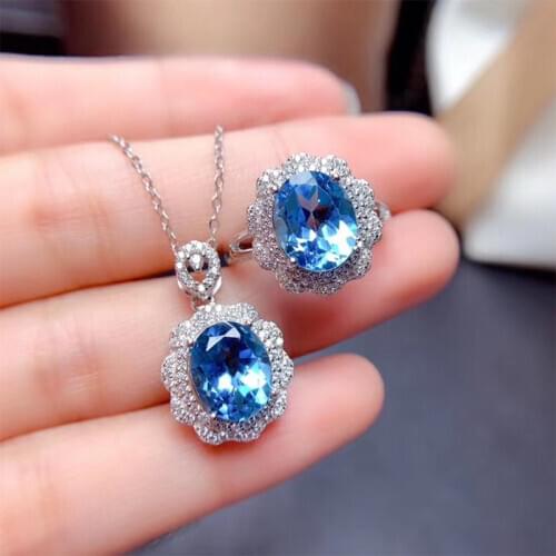 YINHED Luxury Blue Sapphire Jewelry Set for Women Real 925 Sterling Silver Pendant Necklace&Ring Party Accessories ZS065