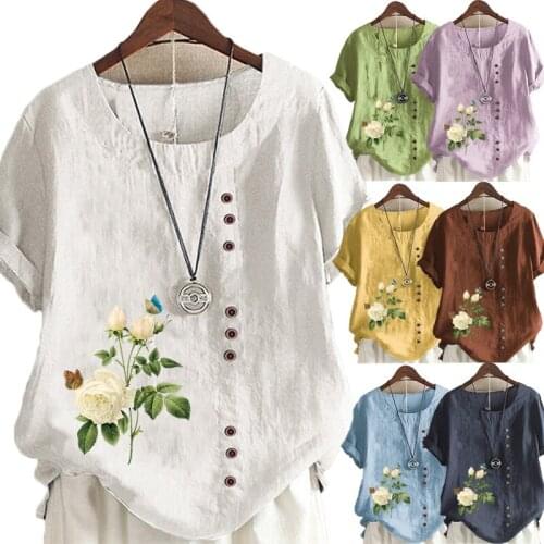 Womens Summer Casual O-neck Flower Print Loose T-shirt Retro Cotton and Linen Plus Size Short-sleeved Womens Top XS-5XL