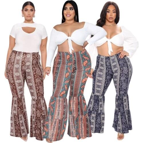 Plus Size 5XL 4XL Elegant Flare Pants Boho Striped Printed Women Leggings Gothic Style Leggings Vintage High Waist Trousers