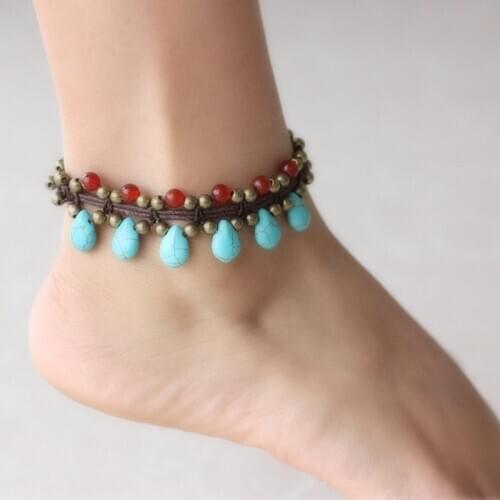 Peacock women stones beaded vintage anklets chains blue,new handmade braided foot chains,fashion brass bell ethnic anklets